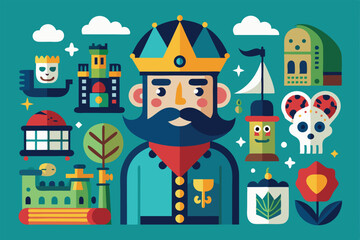 Naklejka premium A vibrant illustration showcases a king surrounded by charming castles, plants, and whimsical icons, Customizable Collection with Disproportionate Illustration