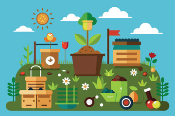 Obraz premium A colorful illustration showing the composting process with plants, tools, and materials in a garden setting, Customizable compost cycle illustration