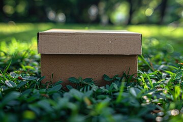 Miniature corrugated box on the grass  a reflection on recycled packaging and sustainability