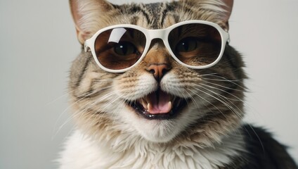 Obraz premium Cat with white and orange fur wearing oversized sunglasses, yawning or panting