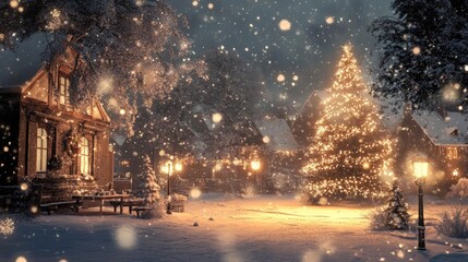 A tranquil winter scene featuring a snow-covered house, sparkling Christmas tree, and gentle snowfall under a starry night sky.