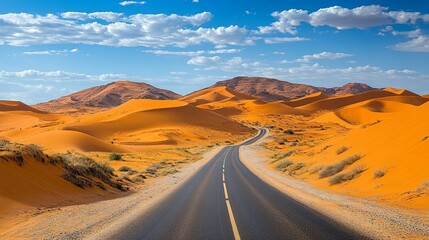 Naklejka premium A Winding Asphalt Road Through Orange Sand Dunes