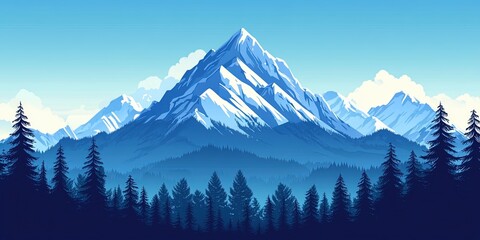 Snow-capped mountain peaks with pine forest, landscape illustration