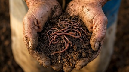 A close-up of a farmer's hands holding rich, dark soil filled with earthworms, symbolizing healthy, regenerated land