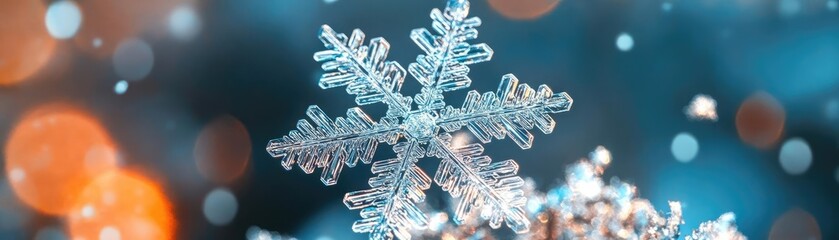 A stunning snowflake captures the essence of winter, glistening against a blurred background filled with warm holiday lights.