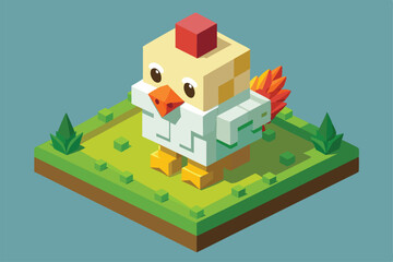 A charming chicken with bright colors and geometric design stands on a grassy patch, inviting creativity, Customizable cute chicken illustration in isometric style.