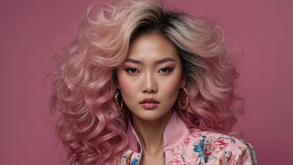 Fototapeta premium Model with curly blonde-pink hair in floral top against pink background