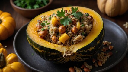 Squash halves stuffed with chickpeas and seeds, garnished with parsley