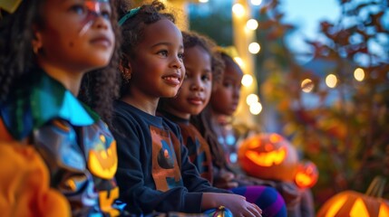 Obraz premium Group of African American children sitting on a porch in Halloween costumes, illuminated by festive lights. Halloween, spooky, haunted concept.