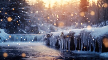 A tranquil winter scene featuring snowflakes falling gently over a serene icy river at sunset, surrounded by snowy trees.