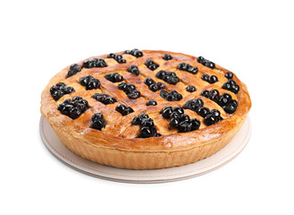 Tasty homemade pie with blueberries isolated on white