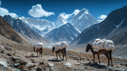 Naklejka premium Pack horses traversing rocky trails in the Karakoram mountains