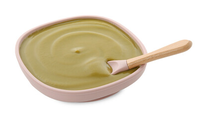 Tasty baby food and spoon isolated on white