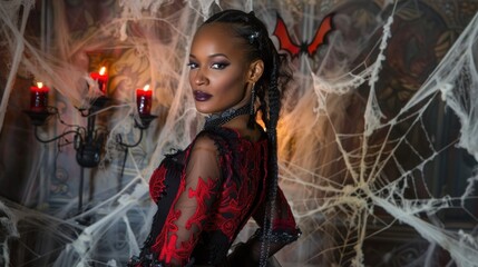 Fototapeta premium An African American woman in a red gothic costume stands confidently amidst Halloween decor with cobwebs and eerie lighting, portraying a vampire theme. Halloween, spooky, haunted concept.