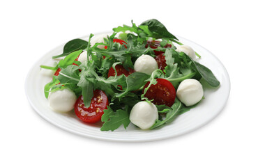 Tasty salad with arugula, spinach, mozzarella cheese and tomatoes isolated on white