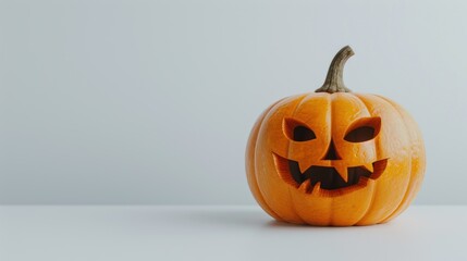 Orange jack-o-lantern pumpkin with a carved smiling face placed on a white surface, symbolizing Halloween Halloween, spooky, haunted concept.