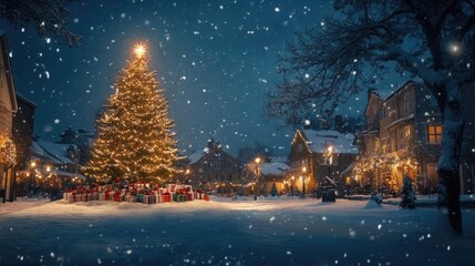 Fototapeta premium A serene winter night scene featuring a beautifully lit Christmas tree and snow falling gently on a charming village.