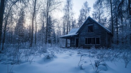 A rustic cabin surrounded by snow-covered trees, capturing the tranquil beauty of a winter landscape bathed in soft light.