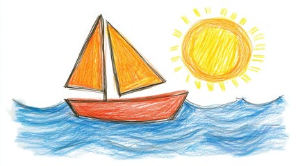 A cute hand-drawn drawing by a child of a small boat floating on blue waves at sunset.