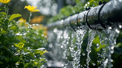 A close-up of a rainwater harvesting system on a regenerative farm, capturing and reusing water for irrigation