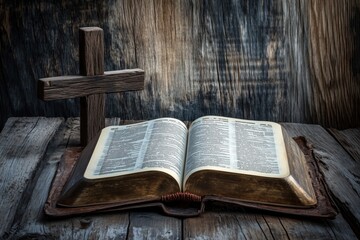 Obraz premium a bible on a wooden table and a wooden cross next to it