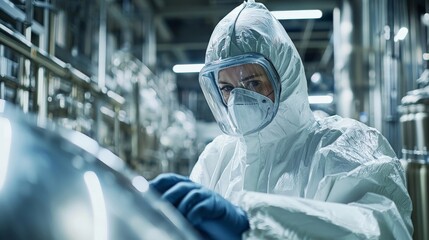 A close-up of a worker in a protective suit operating machinery in a large agro-chemical plant