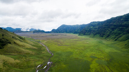 Beautiful green Savanna in Bromo Mountain during rain season. This mountain is located in East Java, Indonesia. 