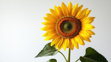 Obraz premium Bright Yellow Sunflower Against a Minimalist White Background with Green Leaves