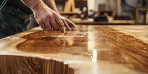Obraz premium Hands working on a polished wooden surface, creating a warm, inviting atmosphere. Ideal for promoting woodworking, kitchen cleaning, or maintenance products.
