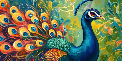 Vibrant peacock with intricate floral patterns