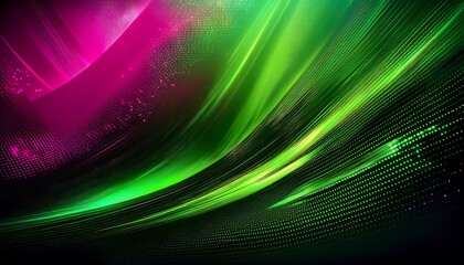 Naklejka premium Abstract background with green and pink neon lights, glowing lines, and a digital texture.