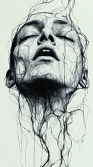 A hand-drawn drawing depicting a terrifying man in black line style, drawing on a distorted face of messy lines