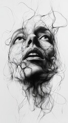 A hand-drawn drawing depicting a terrifying man in black line style, drawing on a distorted face of messy lines