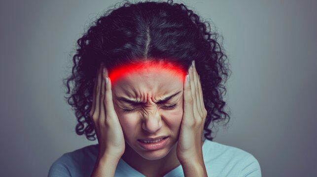 Woman with pain in her temples. Photo of african american woman in blue shirt suffering from stress or a headache grimacing in pain on gray background. Medical concept.