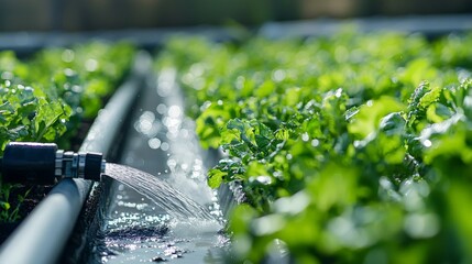 A close-up of an automated irrigation system watering crops in a high-tech agricultural setup