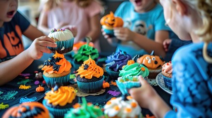 Children gather around a table at a Halloween party, joyfully decorating cupcakes with vibrant toppings. Halloween, spooky, haunted concept.