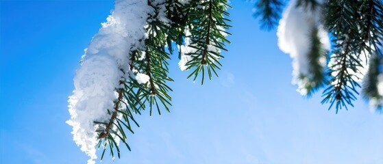 Snow-Covered Pine Branch Against a Blue Sky