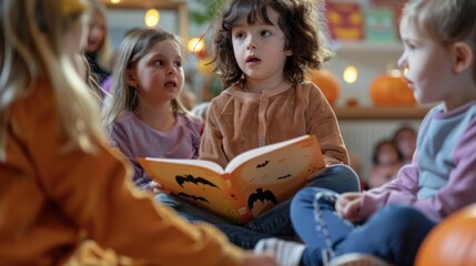Fototapeta na wymiar Kids in Halloween costumes enthralled by a storybook during a holiday gathering. Halloween, spooky, haunted concept.