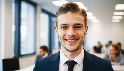 Fototapeta premium A handsome young man, a company employee wearing a suit, smiled at the camera while in the office