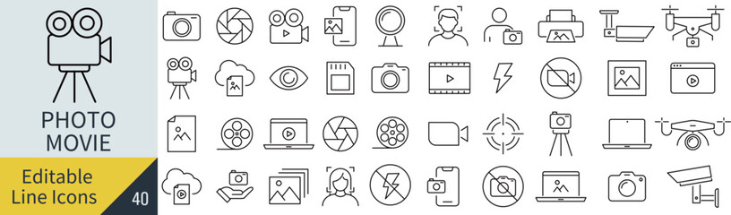 線の編集ができる写真と動画に関するアイコンセット（アウトライン化していない）