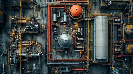 Fototapeta premium Aerial View of an Industrial Complex with Interconnected Pipes and Tanks