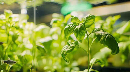 A close-up of basil plants thriving in an aquaponics setup, with fish swimming below in crystal-clear water