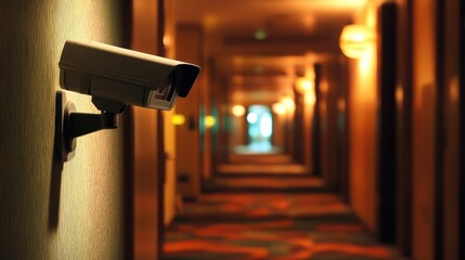 Security camera capturing footage of a hotel hallway, timestamp in the bottom corner and slight motion blur.