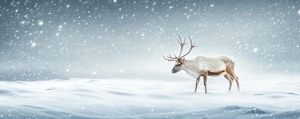 A solitary reindeer stands in a serene snowy landscape, surrounded by soft falling snowflakes, capturing winter's tranquil beauty.