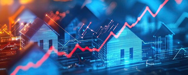 Dynamic visualization of real estate market trends, showcasing rising graphs and futuristic home icons, symbolizing growth.