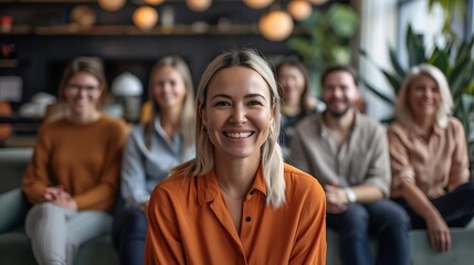 Obraz premium A smiling woman in front of a group, showcasing a friendly and inviting atmosphere.