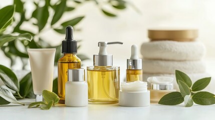 Beautiful spa composition on a wooden background with eucalyptus leaves. Beauty and fashion spa concept with body cream scrub mask essential oil and sea salt.Cosmetic product. Copy space.