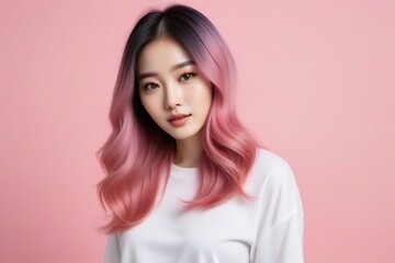Fototapeta premium Elegant Woman with Pink Hair: Fashion and Makeup Studio Shot