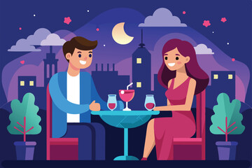 A couple shares drinks and smiles at a cozy outdoor caffe, illuminated by the night sky and city lights, Customizable flat illustration for a night date.