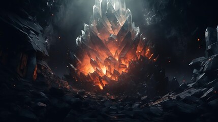 A dramatic underground scene with large crystals emitting an orange glow amidst dark surroundings.